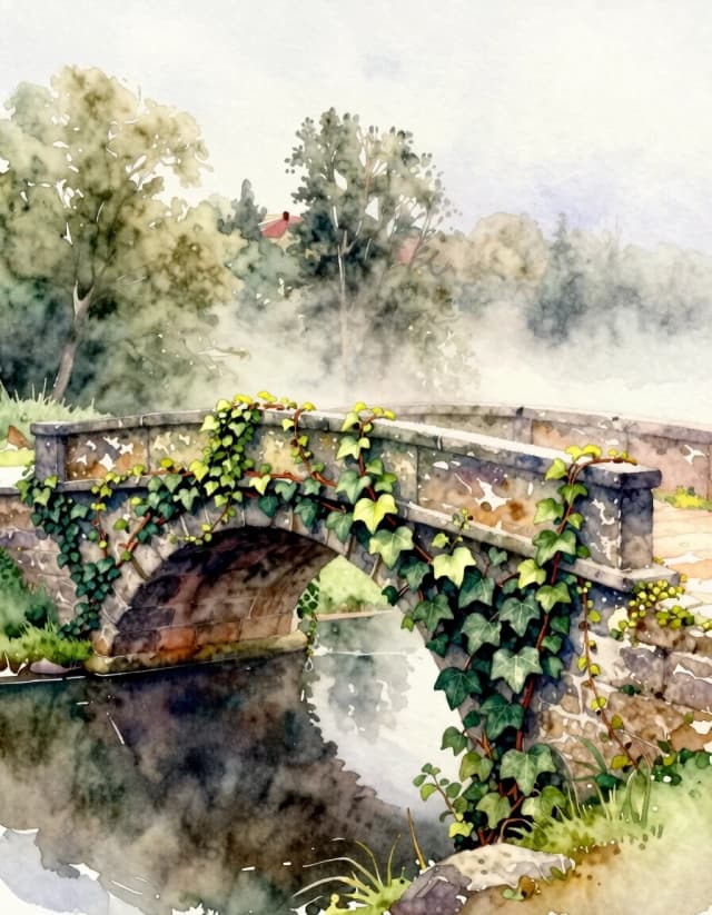 A masterpiece. Creating an image. The style is watercolor painting. Delicate watercolor on raw.((An ivy-covered stone bridge in the morning mist:1.6)). High resolution. High detail and clear texture. Intense close-up. High quality. Increased attention to small details. The aspect ratio is 3:4. The artists are Levitan, Shishkin.