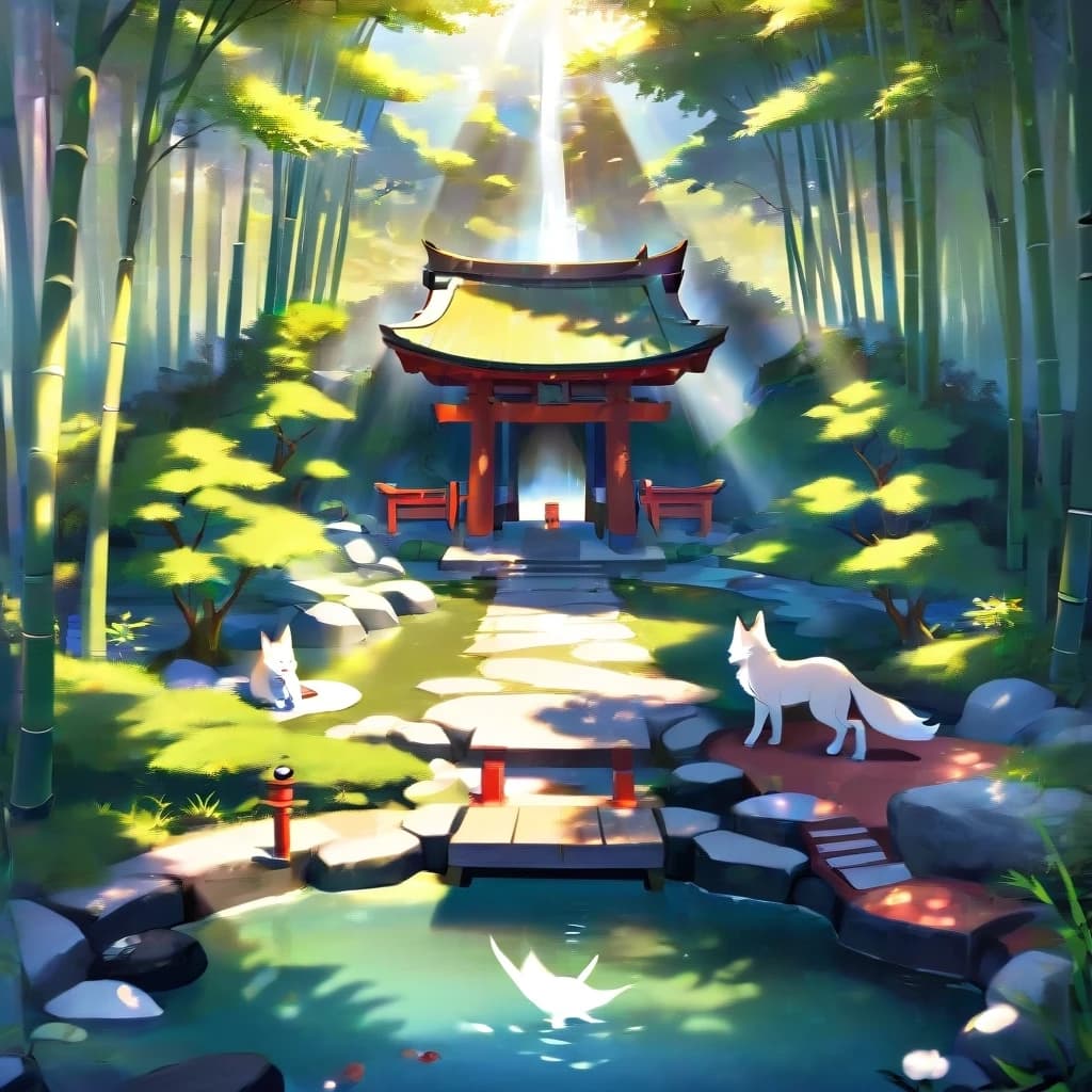 a Japanese shrine dedicated to kitsune, bamboo groves and small lakes along the sides, sunny weather, outline.