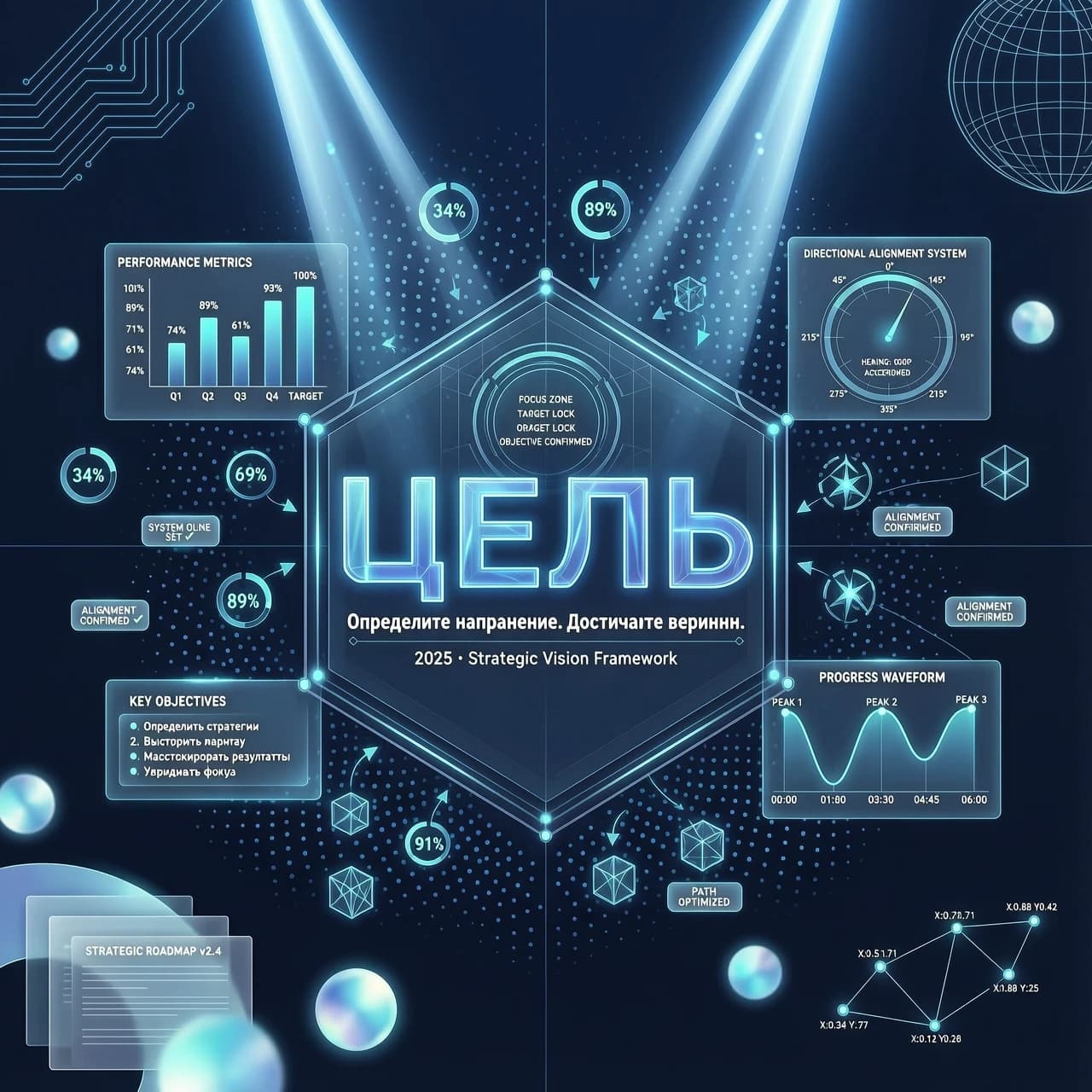 Футуристическая высокотехнологичная концептуальная визуализация для слайда презентации на тему «Цель», элегантная современная эстетика будущего. Изысканная композиция с парящими полупрозрачными голографическими интерфейсами, и замысловатыми геометрическими элементами интерфейса. В цветовой палитре преобладают темно-синие, ярко-голубые и кобальтово-синие градиенты с едва заметными неоновыми акцентами. Кинематографическое освещение с мягким объемным свечением и резкими лучами света, пронзающими темное минималистичное цифровое пространство. Сверхдетализированный цифровой арт, четкие линии, гладкие стеклянные текстуры и частицы боке.