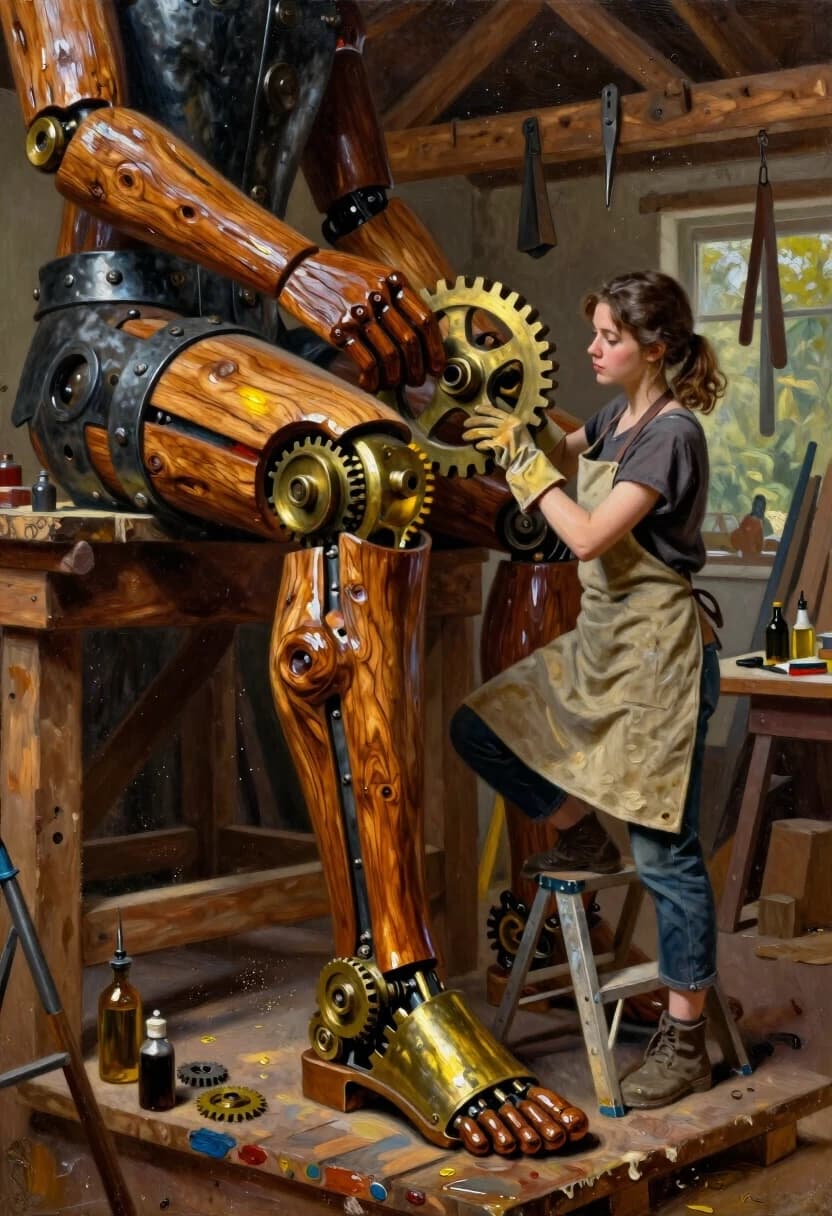 Oil glazing technique, rich transparent layers, deep saturated colors, luminous skin tones, soft impasto on textures. A giant with a body of weathered oak and iron bands sits on a wooden platform in an open-air workshop. His left leg is a hybrid: the thigh remains carved wood with grain and knots, but the shin and foot are being transformed into a mechanical structure of brass gears, cogs, and polished wooden struts.

A young woman with her hair tied back, wearing a canvas apron and leather gloves, stands on a small stepladder, aligning a large gear onto the joint. Her face shows determination and focus. Tiny tools, oil bottles, and spare cogs are scattered on a nearby table.

Sunlight streams through the workshop’s open sides, casting warm highlights on the brass and deep shadows in the wood grain. The air is filled with fine sawdust caught in the light beams. Background: blurred wooden beams and hanging tools, painted with loose glazes to keep focus on the giant’s leg and the girl’s work. Style: oil glazing with a touch of romantic realism, emphasis on craft, texture contrast between wood, metal, and fabric.