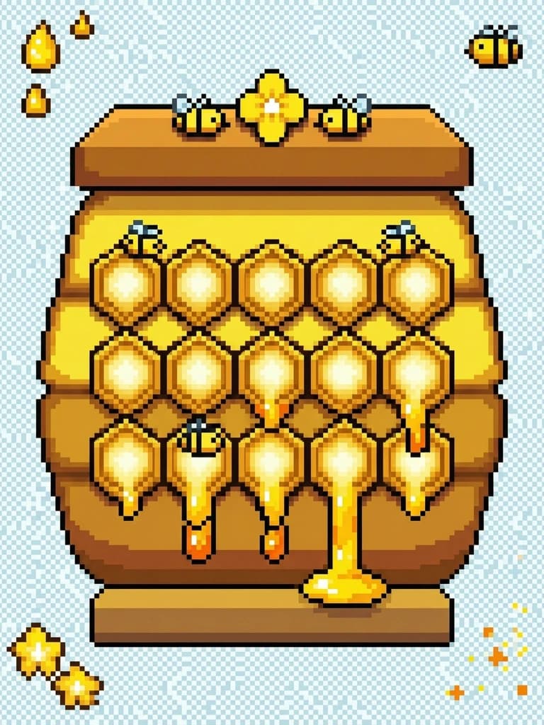 Pixel art beehive,front view, inspired by Stardew Valley and Minecraft aesthetics, cute and chunky stylized design, vibrant golden honey dripping from hexagonal openings, ,, clean sharp edges, high contrast, bright saturated colors, isolated on a solid transparent background, game asset style, 2D sprite, high resolution, charming cozy atmosphere. НО БЕЗ ДЕРЕВА!!!, это ведь пчелиный улей. ОН ДОЛЖЕН БЫТЬ ЖЕЛТЫМ