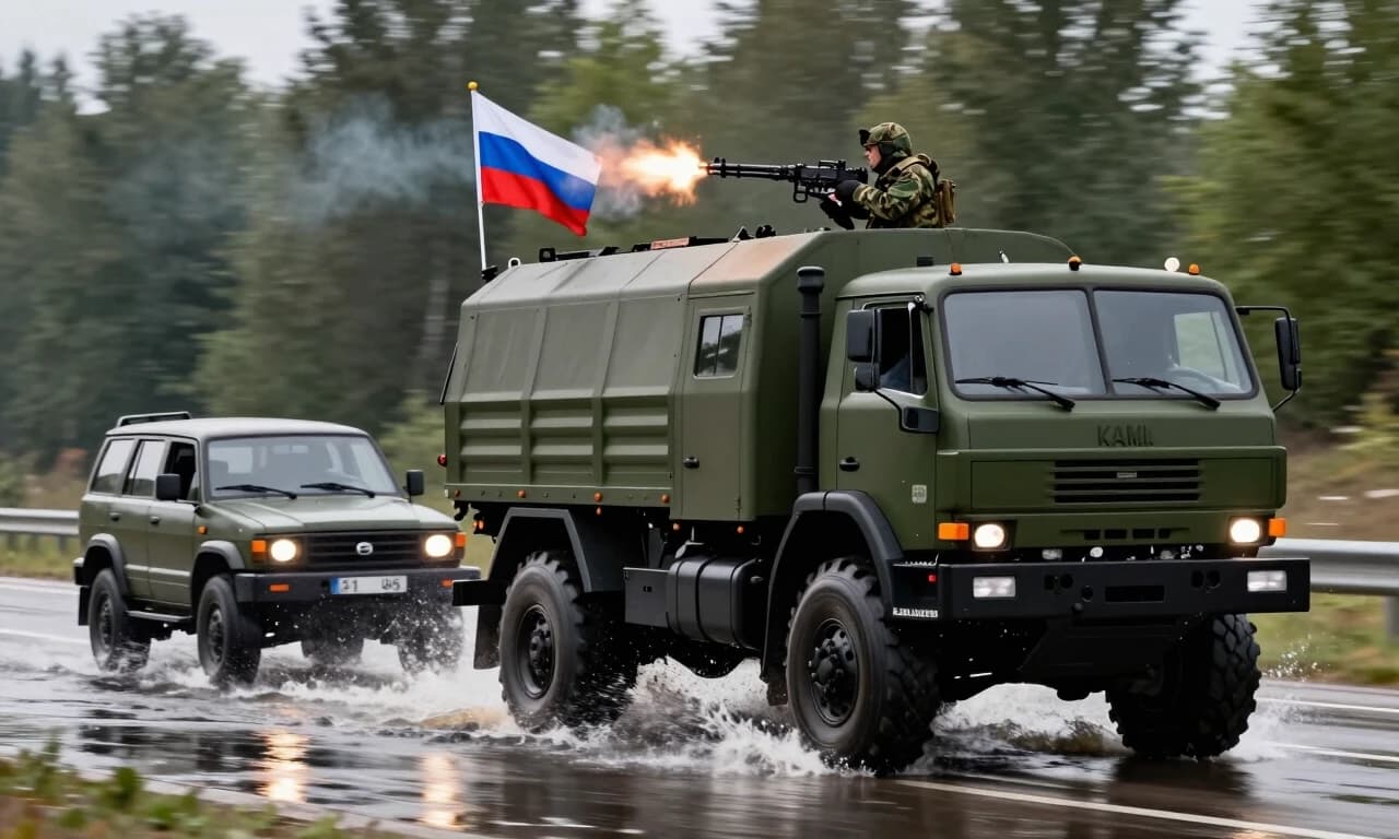 Военный камаз и уазик гонят по дороге, из камаза поднят российский флаг, На изображении зелёный внедорожник едет по мелководью (вода разбрызгивается вокруг колёс). На крыше, из люка, виден человек в камуфляже, который ведёт огонь из крупнокалиберного пулемёта: заметна яркая вспышка выстрела. На заднем плане — деревья