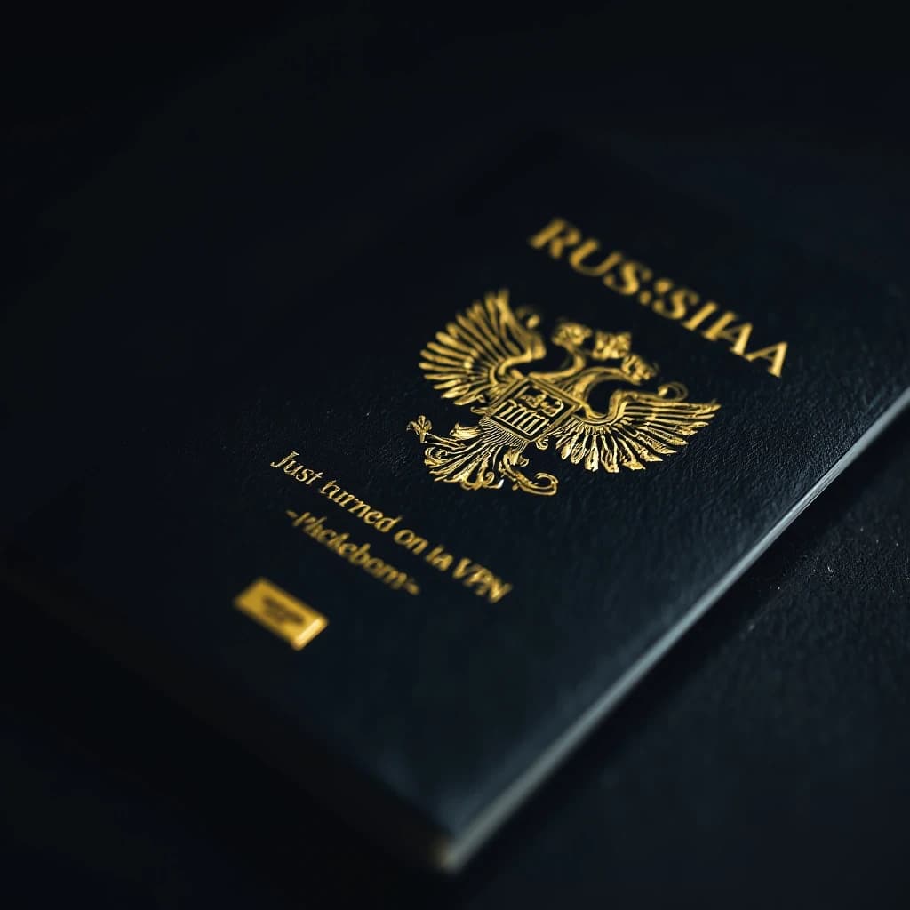 (Темный эстетический стиль, крупный план потертого российского паспорта на матово-черной поверхности. Золотая гравировка на лицевой стороне: «Просто включил VPN». Государственный герб — золотой двуглавый орел — выглядит слегка поцарапанным, но заметным. Мрачная атмосфера, детализированная текстура, боке.)