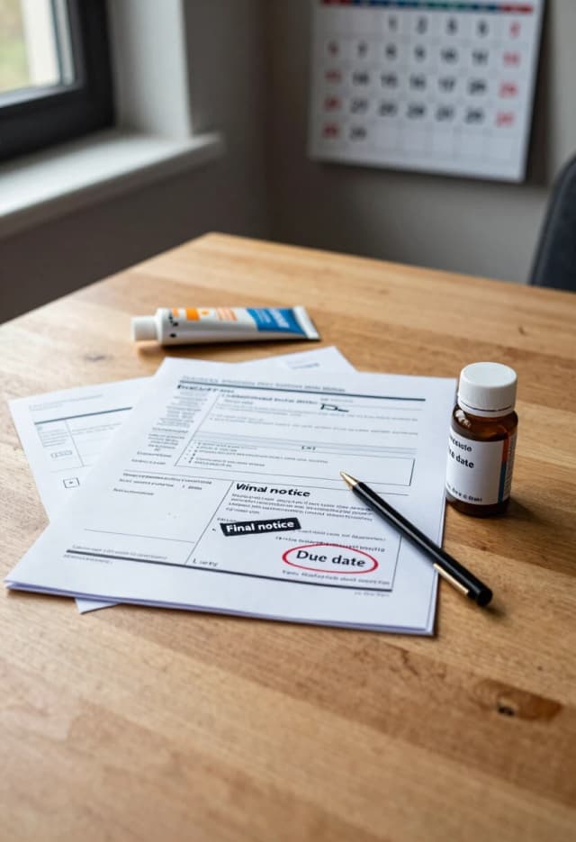 Photorealistic, 8K, natural indoor lighting. A wooden table in a modest home office. Centered on the table is a small pile of time-critical documents: a utility bill with a “Final notice” stamp and a red “Due date” circled, a printed warranty card with an expiration date stamped in black ink, and a folded letter with a postmark showing it was delivered just before the deadline. Next to the documents are two everyday items with limited usability: a half-used tube of expired sunscreen with the “Use by” date visible on the crimped end, and a small bottle of medicine with a label showing the expiration date and a child-proof cap slightly unscrewed. The lighting is soft and diffused, coming from a nearby window; it highlights the texture of the paper, the slight wear on the medicine bottle, and the fine print on the warranty card. The background is softly blurred, showing a wall calendar where the current month’s days are crossed off, and the final day is highlighted in red. Mood: quiet pressure, everyday realism. No text overlays, no logos.