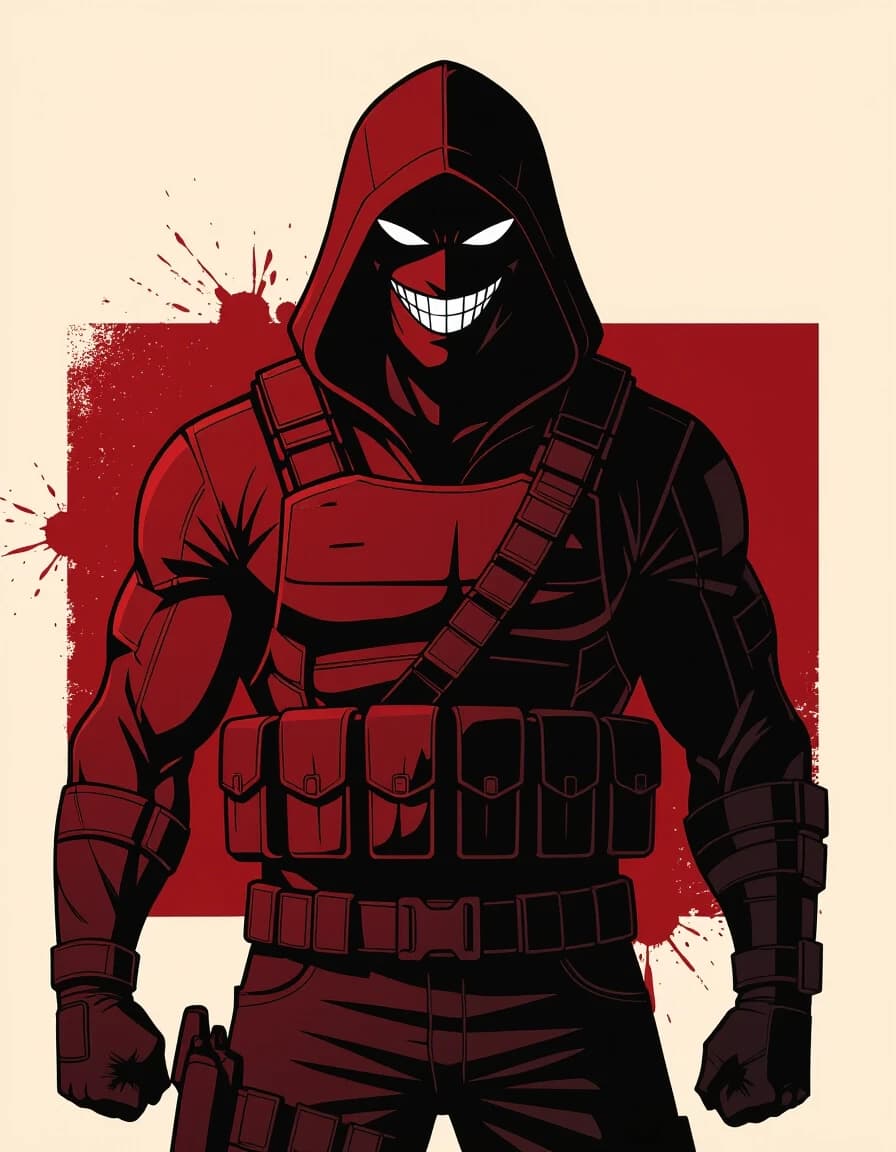 Graphic comic book art, flat colors, bold outlines. A solid black silhouette of a tall, broad-shouldered hooded man in a tactical vest, standing against a solid blood-burgundy background. The silhouette is pure, flat black. The only features are the angular eye slits and the outline of a wide, mocking grin, both rendered in the same solid blood-burgundy color as the background. High contrast, minimalist, 2-color palette. No gradients, no shading, no grey, no details inside the silhouette.
