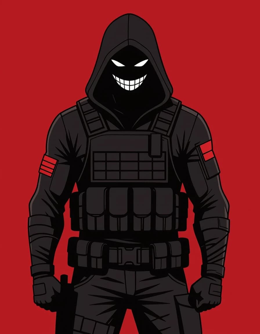 Graphic comic book art, flat colors, bold outlines. A solid black silhouette of a tall, broad-shouldered hooded man in a tactical vest, standing against a solid blood-burgundy background. The silhouette is pure, flat black. The only features are the angular eye slits and the outline of a wide, mocking grin, both rendered in the same solid blood-burgundy color as the background. High contrast, minimalist, 2-color palette. No gradients, no shading, no grey, no details inside the silhouette.