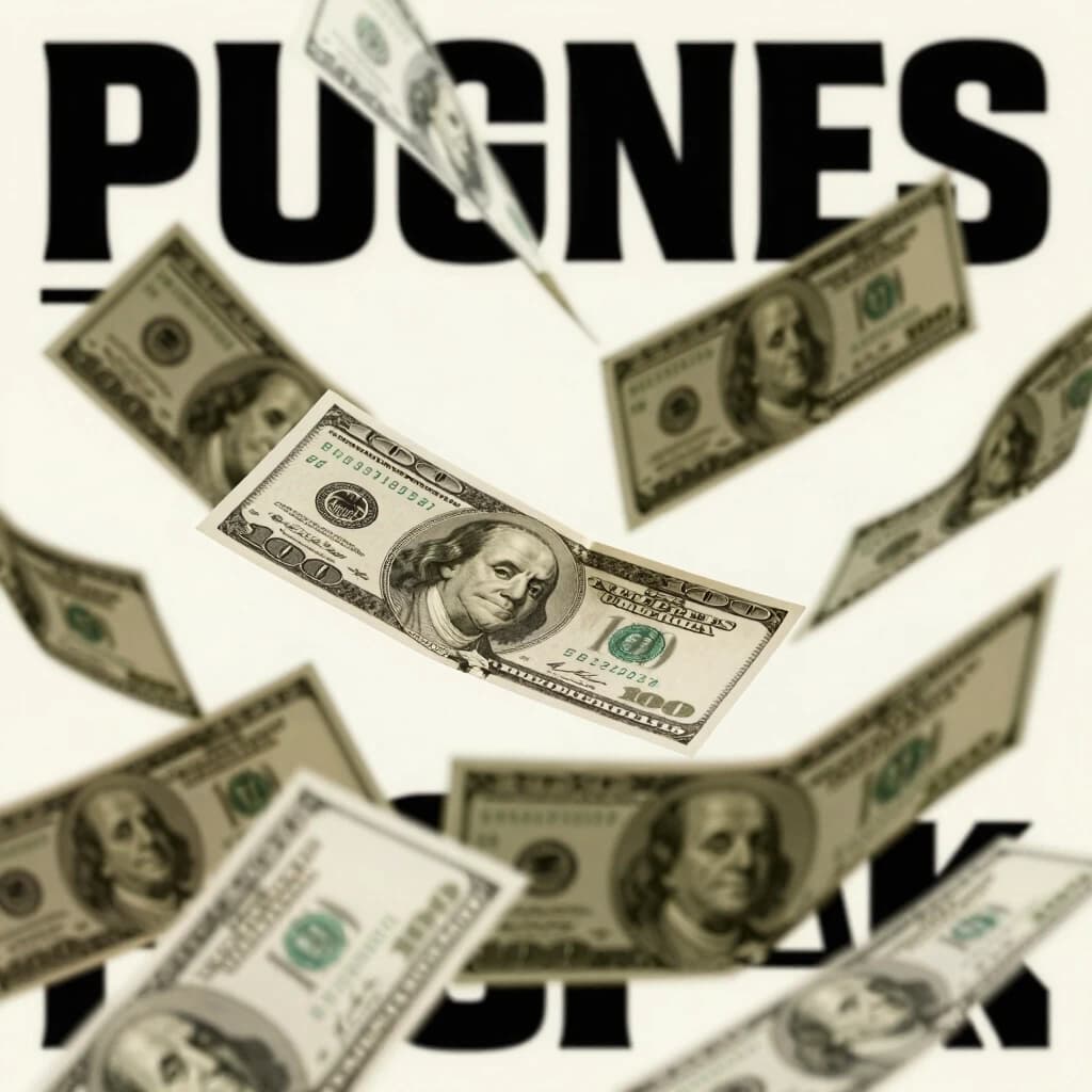 a close up of a poster with money flying around it, album cover