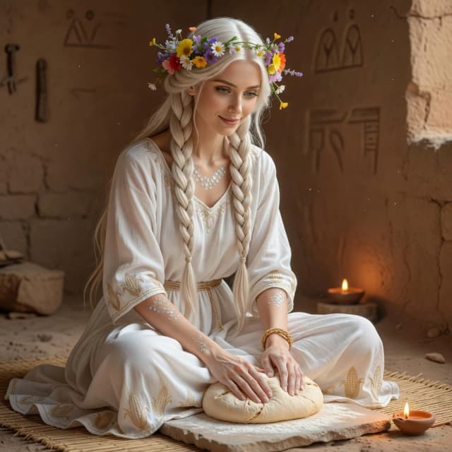 🌾 Общее описание
Нинлиль — не воительница, не царица Кура, не богиня войны. Она — тихая, светлая, воздушная. Она — как лёгкий ветер перед дождём, как колосья, которые склоняются под этим ветром. Она — мать, но не грозная, а нежная.

Сцена - сидит, месит тесто хлеба, шумеры 
🎨 Детали облика
Часть тела	Описание
Рост	Средний — около 165 см. Не высокая, не низкая.
Телосложение	Хрупкое, стройное, но не худое. Как стебель зернового растения.
Лицо	Мягкое, овальное, спокойное. Лёгкая улыбка всегда на губах. Глаза — светло-голубые, как небо в безоблачный день.
Волосы	Длинные, светлые, почти белые — как зерно, как колосья пшеницы. Заплетены в две косы, которые свисают на грудь.
Чешуя	Есть, но почти незаметна. Только на ключицах и внешней стороне запястий — мелкая, перламутровая, как капли росы. Она не скрывает её, но и не выставляет напоказ.
Одежда	Длинное белое платье, расшитое золотыми нитями в виде колосьев. На талии — пояс из льняных нитей. На голове — венок из  полевых цветов . Без украшений — только браслет на левой руке, подарок Энлиля.
Запах	Пахнет свежим хлебом, мёдом, и чуть-чуть — ветром.
Голос	Тихий, чистый. Она не говорит громко — но её всегда слышно. Как шёпот ветра в поле.
🌬️ Особенности поведения
Она не врывается в залы — она входит.

Она не кричит — она говорит.

Она не приказывает — она просит.

Но когда она просит — её слушают. Даже Энлиль.

Она — тихая сила. Её не боятся, но её уважают.