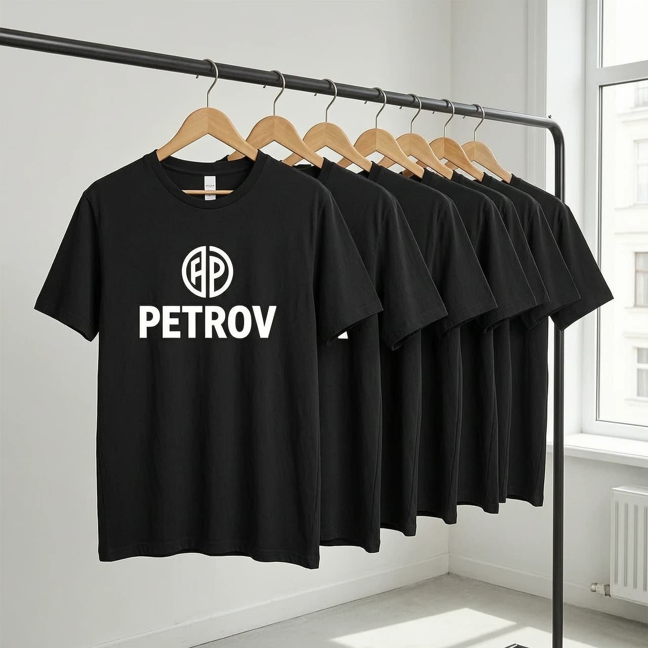 чёрные простые футболки на вешалках с логотипом PETROV