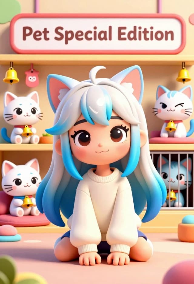 Stylized 3D cartoon render of a fun pet shop with the sign “Pet Special Edition” in the background. In the center, a cat‑girl with long platinum hair and bright blue tips is posed in a playful crouch, hands on the floor, big expressive eyes looking forward. She wears a cozy off‑white sweater; her cat ears are smooth and slightly translucent at the tips. The background shelves and cushions are occupied exclusively by other cat‑girls, not real cats: one sitting cross‑legged with a tiny bell, another leaning against the shelf with a mischievous grin, a third peeking from behind a cage door. They all share the same anime‑inspired 3D design: human bodies with cat ears, exaggerated eyes, and coordinated pastel outfits. Bright, saturated colors, clean shapes, smooth shading, and soft rim lighting. Background details: hanging tags, plush toys, tiny bells. The vibe is cheerful and comical, like a scene from a family‑friendly animated series. High‑poly but stylized, crisp textures, vibrant contrasts, dynamic but balanced composition.