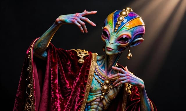 SUBJECT: A tight macro portrait of colorful alien hybrid, AI diffusion render, hyper-detailed digital synthesis, Baroque tenebrism, dramatic single-source raking light, deep umber shadow, diagonal dynamic composition, theatrical gesture, rich velvet and satin rendering, fused with Art Brut / Outlier, Indian Mughal miniature, Persian miniature, West African bronze casting influence, chaotic and violent atmosphere, palette of deep black ground, gold, crimson velvet, flesh highlight Adjust all colors, emphazing and introducing more hues as well as strong complimentary gradient colors switching and rearranging the palette accordingly. Then proceed applying and incorporating a "(60, 30, 10 :: phi-ratio incorporating a strict color palette color psychology)" to keep the viewers' eye transposed as well as making the viewers' eyes wanting to wander the canvas. Apply a more volumetric lighting shining radiantly from above with a great amount of subsurface scattering throughout. Introduce more hues of every color into the palette keeping a Fibonacci number of 13 colors mixed with many gradients of values and hues to make more colorful. Render paint with mineral oils to keep a wet looking value with a professional intelligent approach. Strict preservation on reflective surfaces + subjects that are organic and inanimate. Make composition and perspectives adheringly strict using a phi-ratio of 1.3 — Apply a Tamron 85mm f/1.8 Di VC USD camera lens.

STYLE: Hyper-detailed alien Baroque tenebrism fused with Art Brut mark-making, Mughal and Persian miniature ornament, and West African bronze-casting motifs, guided by Void Transformer and Air Messenger symbolism.

LIGHTING: Radiant overhead volumetric beam with single-source raking highlights, deep umber tenebrist shadows, strong subsurface scattering, and preserved mirrorlike reflections.

CAMERA: Tight macro portrait through a Tamron 85mm f/1.8 Di VC USD lens, shallow depth of field, crisp focal plane, cinematic compression.

COMPOSITION: Diagonal theatrical gesture locked to a strict 1.3 phi-ratio structure, close-cropped asymmetry, wandering eye-path through face, fabric, bronze, and ornament.

COLOR: Fibonacci 13-color palette using 60/30/10 psychology: deep black, void magenta #E84393, air lavender #9B89C4, antique gold, crimson velvet, teal, emerald, indigo, saffron, bone flesh, copper, ultramarine, and acid green in complementary gradients.

TEXTURE: Wet mineral-oil paint sheen over velvet, satin, translucent alien skin, polished bronze, carved ornament, and rough Art Brut scratches.

RENDER: AI diffusion digital synthesis with hyper-real volumetric anatomy, luminous organic-inanimate hybridity, saturated gradient hues, and professional high-detail painterly finish.

NEGATIVE PROMPT: blurry, flat lighting, dull palette, muddy colors, poor anatomy, extra eyes, warped face, plastic skin, low detail, text, watermark, frame, gore, photobash seams.