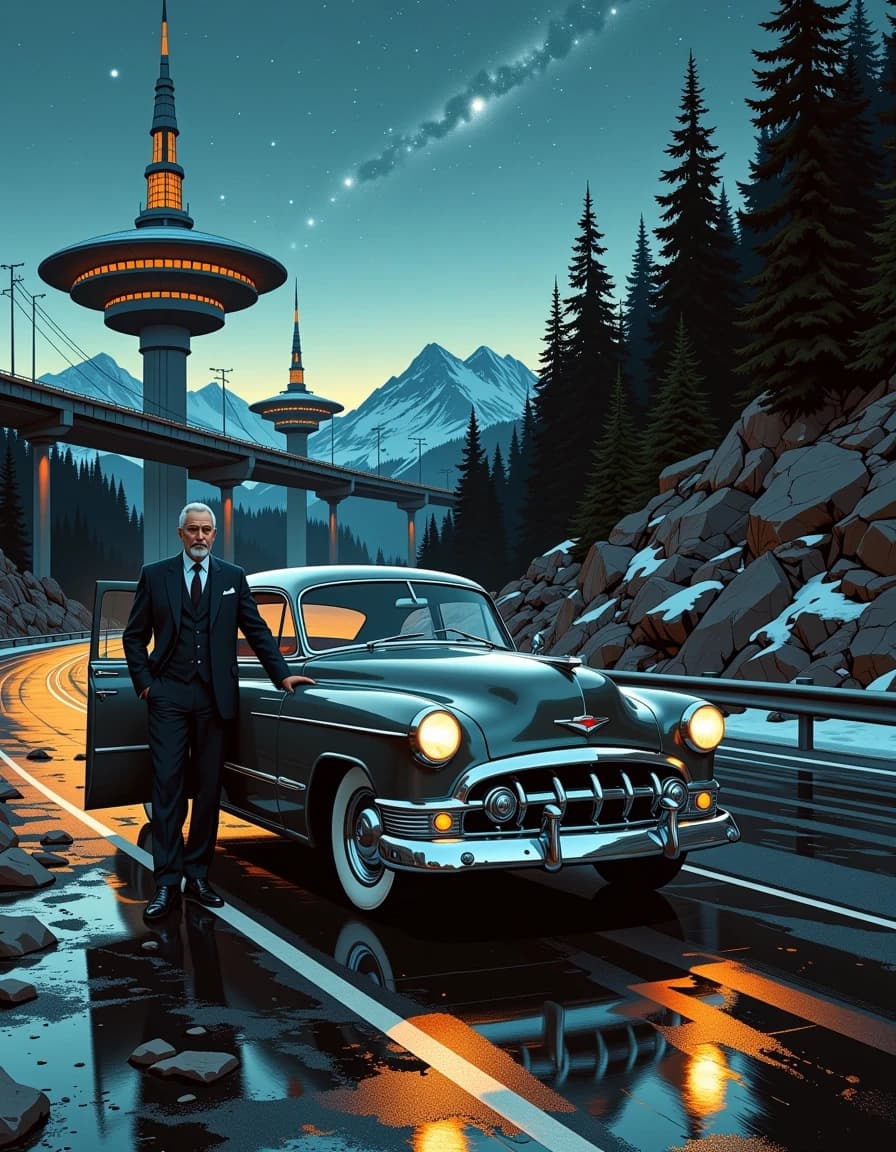 A masterpiece,  in the style of the 1980s, with bold lines, dynamic strokes and rich textures, on background with a touch of nostalgia, perhaps with subtle drawings inspired by cellulose and vintage, worn textures similar to paper, oil painting, A cinematic, photorealistic scene of a retro-futuristic alpine highway at dusk: a polished gunmetal-grey 1950s luxury car with rounded fenders, chrome grille and illuminated headlights parked on wet reflective pavement, three-quarter front view low-angle composition; a distinguished man in his 50s with salt-and-pepper hair and a trimmed beard stands beside the open driver’s door in a tailored charcoal double-breasted suit, calm confident pose, hand resting on the frame. Background: towering concrete disc-shaped observation platforms with spires, elevated spiraling roadways, dense pine forest and distant snow-capped mountains under a clear starry sky with the Milky Way. Mood: moody, elegant, retro-futuristic, subtle warm lights in towers contrasting cool twilight. Visual style: ultra-detailed, high-resolution, realistic reflections and materials, cinematic volumetric lighting, soft rim light, shallow to medium depth of field that keeps car and man sharp while preserving atmospheric depth, fine film grain, natural color grading, dramatic contrast, award-winning photography quality.