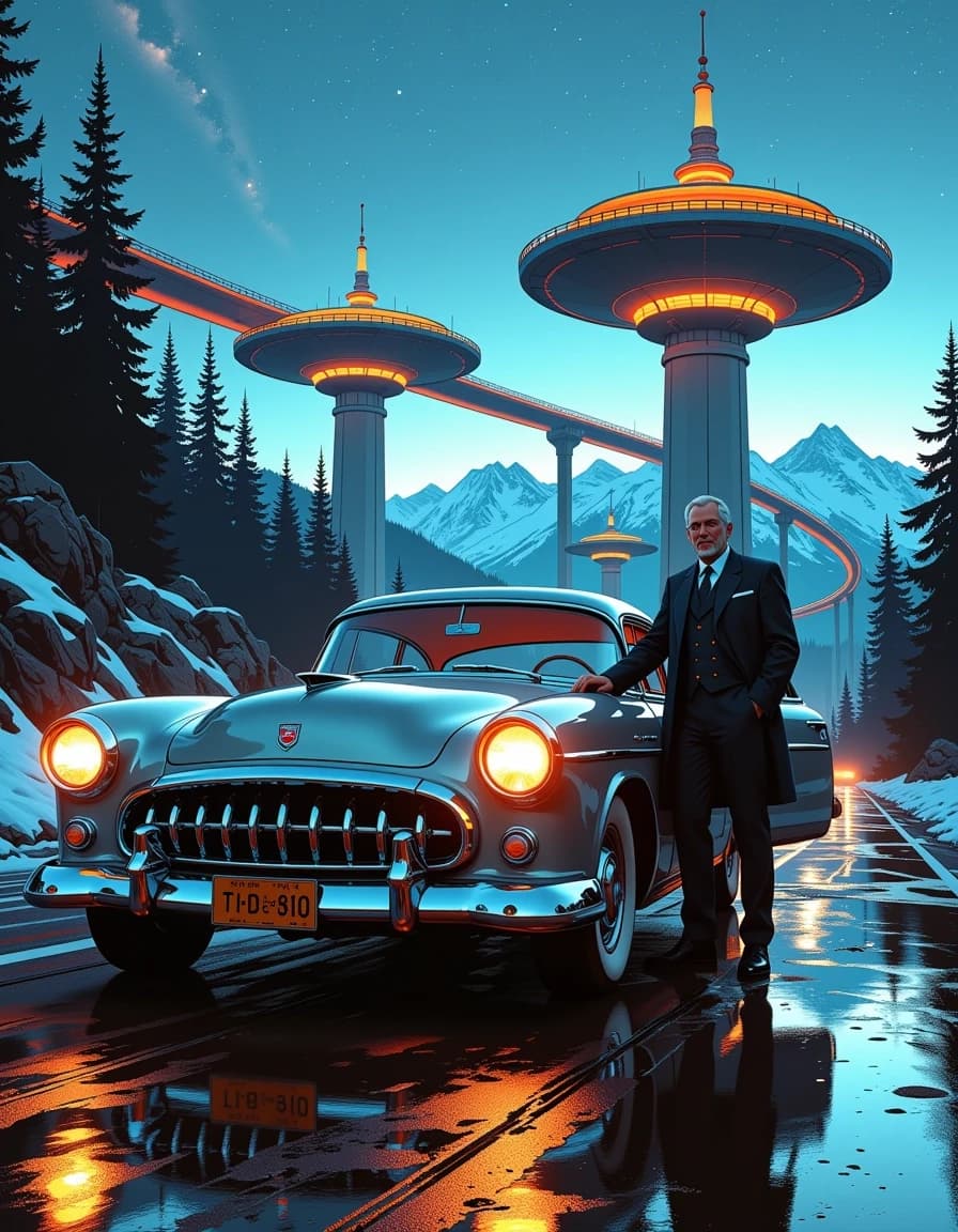 A masterpiece,  in the style of the 1980s, with bold lines, dynamic strokes and rich textures, on background with a touch of nostalgia, perhaps with subtle drawings inspired by cellulose and vintage, worn textures similar to paper, oil painting, A cinematic, photorealistic scene of a retro-futuristic alpine highway at dusk: a polished gunmetal-grey 1950s luxury car with rounded fenders, chrome grille and illuminated headlights parked on wet reflective pavement, three-quarter front view low-angle composition; a distinguished man in his 50s with salt-and-pepper hair and a trimmed beard stands beside the open driver’s door in a tailored charcoal double-breasted suit, calm confident pose, hand resting on the frame. Background: towering concrete disc-shaped observation platforms with spires, elevated spiraling roadways, dense pine forest and distant snow-capped mountains under a clear starry sky with the Milky Way. Mood: moody, elegant, retro-futuristic, subtle warm lights in towers contrasting cool twilight. Visual style: ultra-detailed, high-resolution, realistic reflections and materials, cinematic volumetric lighting, soft rim light, shallow to medium depth of field that keeps car and man sharp while preserving atmospheric depth, fine film grain, natural color grading, dramatic contrast, award-winning photography quality.