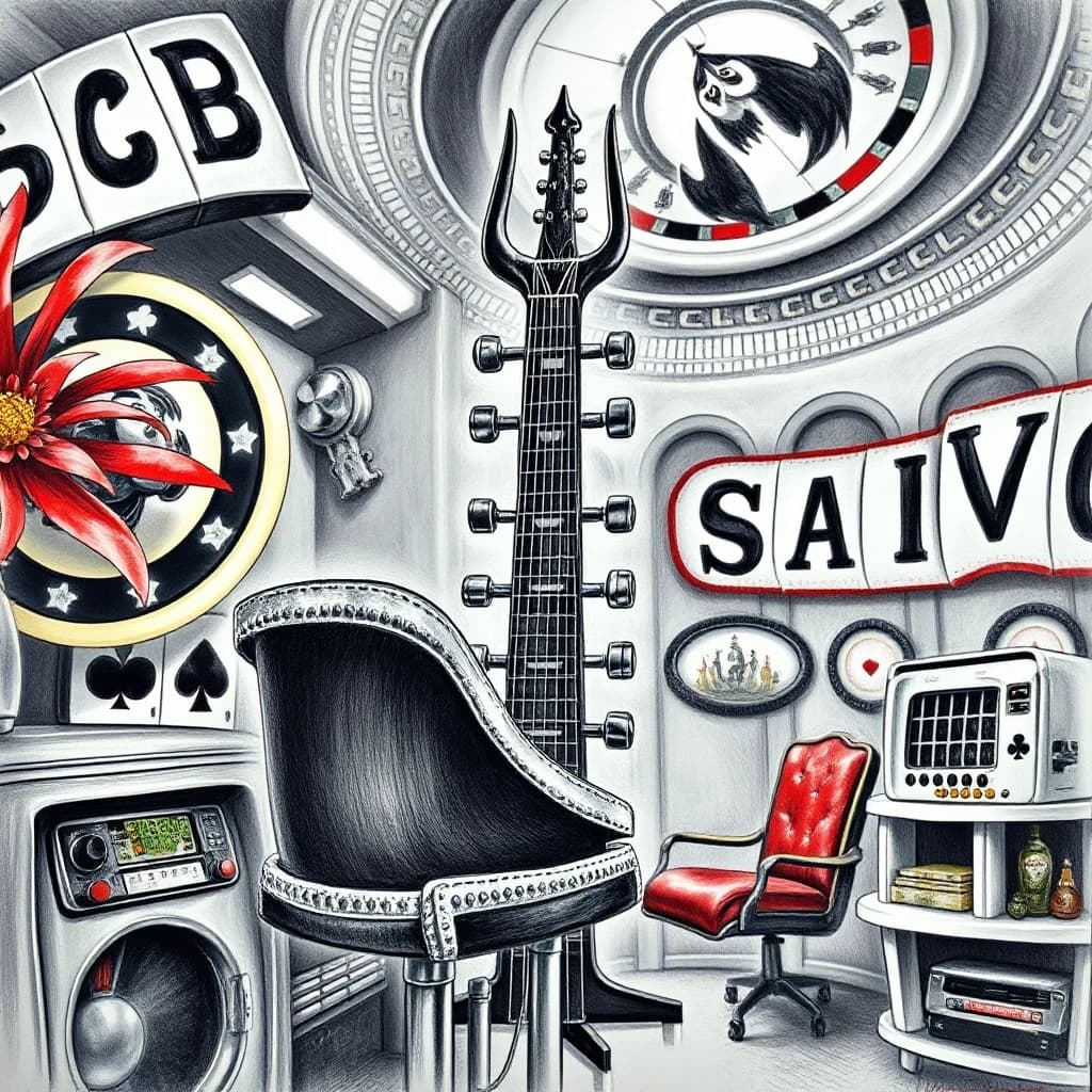 stylized by Pablo Amaringo and Mati Klarwein, surrealism art, Pencil Sketch Drawing, Cool Mace, background is [Matte|Funny] Casino, Spring, Sharp and in focus, natural lighting, black and white drawing, graphite drawing, creative, abstract, dynamic background, ambient, colorful, positive emotional, exquisite color