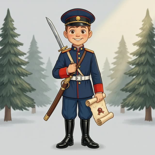 masterpiece, ultra detailed, 8k resolution, digital art. 
Character design of a friendly mascot for the Novoilyinsky Cossack Cadet Corps. 
Boy-cadet, 12-14 years old, cute Disney/Pixar style with slightly oversized expressive eyes for empathy. Full-length portrait.

Historical accuracy combined with child-friendly appeal. 
Parade uniform of the early 20th century / Russian Empire. 
Dark blue tunic ((with bright red shoulder boards and cuffs|:1.3)), dark blue breeches-galife. Polished black men's dress shoes. 
Cadet shoulder straps on shoulders. 
Black peaked cap (forage cap) with golden cockade.

Attributes: 
Traditional Cossack shashka in scabbard slung over the right shoulder (he holds the hilt with his confident right hand). 
Antique scroll with wax seal in left hand (symbol of education).
Facial expression: open, patriotic smile, direct eye contact with viewer.

Background: clean light grey studio background | soft focus coniferous forest blur.
Lighting: cinematic soft key light, volumetric rays.
Style: children's book illustration meets historical realism.