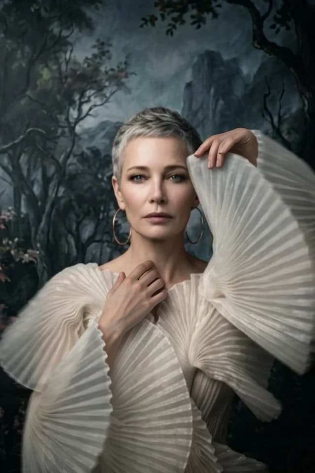 убери коричневые перчатки на руках.
сохраняй без изменения лицо женщины, её прическу, макияж и одежду, не меняй гофрированное белое одеяние, дальний план и фон сохраняй точь в точь - без изменений.