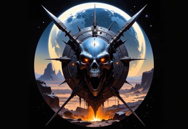 Circular emblem of a fierce, warlike desert tribe, centered composition. In the foreground, a weathered tribal shield made of dark hide and bone ornaments, overlaid with two crossed spears featuring sharp, jagged bone tips, with huge screaming skull with glowing eyesockets in the center . The background features a vast, mystical nocturnal desert under a massive crescent moon and a shimmering Milky Way galaxy. Artistic style of a high-detail fantasy game icon, digital painting with heavy texture. Lighting: dramatic rim lighting from the moonlight, deep cinematic shadows, and a fair glow from campfire. Lightings on the background. Mood: primal, menacing, and epic. Details: fine cracks in the bone, sand grains caught in the shield's texture, silhouettes of distant dunes, and a starry night sky. High contrast, hyper-realistic textures, volumetric lighting, 8k resolution.