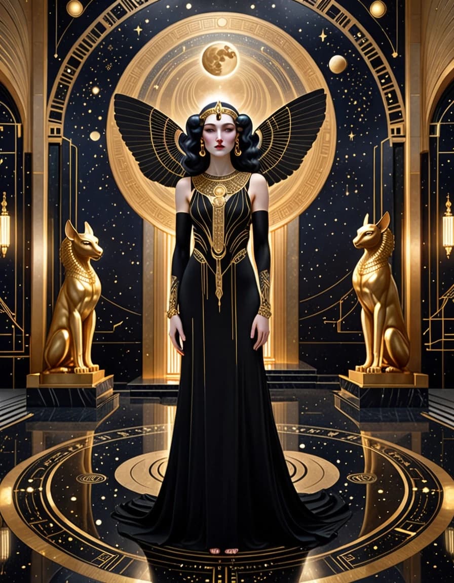 A majestic mystical woman stands in the center of a grand Art Deco hall, embodying the spirit of the night moon. She wears a long black gown decorated with golden embroidery and geometric patterns. Behind her head glows a gigantic golden full moon surrounded by constellations and delicate sacred geometry. Two black winged sphinx statues stand symmetrically on either side. The polished black marble floor reflects the golden glow. A subtle mystical mist fills the air. Luxurious esoteric aesthetic, perfect symmetry, dramatic composition, black and gold palette, cinematic lighting, photorealistic, vertical format.