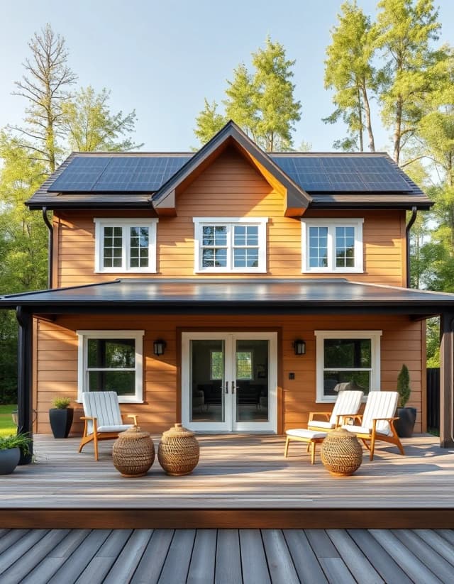 Vertical architectural photography of a stunning two-story family frame house, shot from a low angle. Front view features a large open wooden deck terrace with cozy minimalist outdoor chairs. Sleek black solar panels are perfectly integrated into the modern pitched roof. Bright summer morning sunlight, lush green trees in the background, sharp focus, hyper-realistic, 8k resolution.