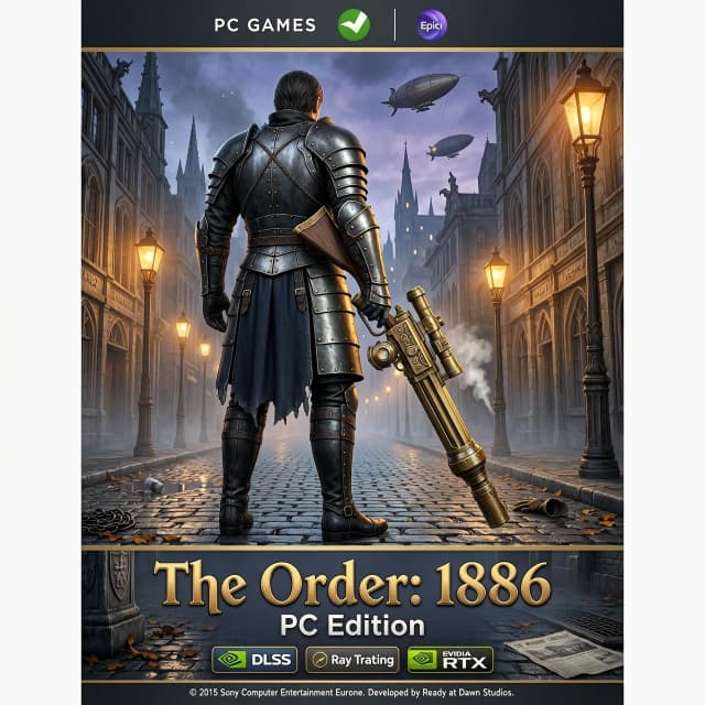 A high-end PC video game retail cover art for "The Order: 1886 PC Edition". The top of the cover features a modern elegant "PC GAMES" banner with small Steam and Epic Games logos. The main artwork shows Sir Galahad from behind, holding a steampunk thermite rifle, looking at a dark, atmospheric, smoky Victorian London with gothic buildings, neon gas lamps, and airships in the sky. Cinematic lighting, photorealistic graphics, grey and amber color palette. The bottom of the cover features the official golden "The Order 1886" logo, and subtle technological badges like "NVIDIA DLSS", "Ray Tracing". 8k resolution, professional layout, gaming poster design.