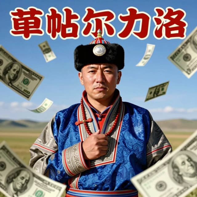 a close up of a poster with money flying around it,  dmitry prozorov style, album cover, mongolia