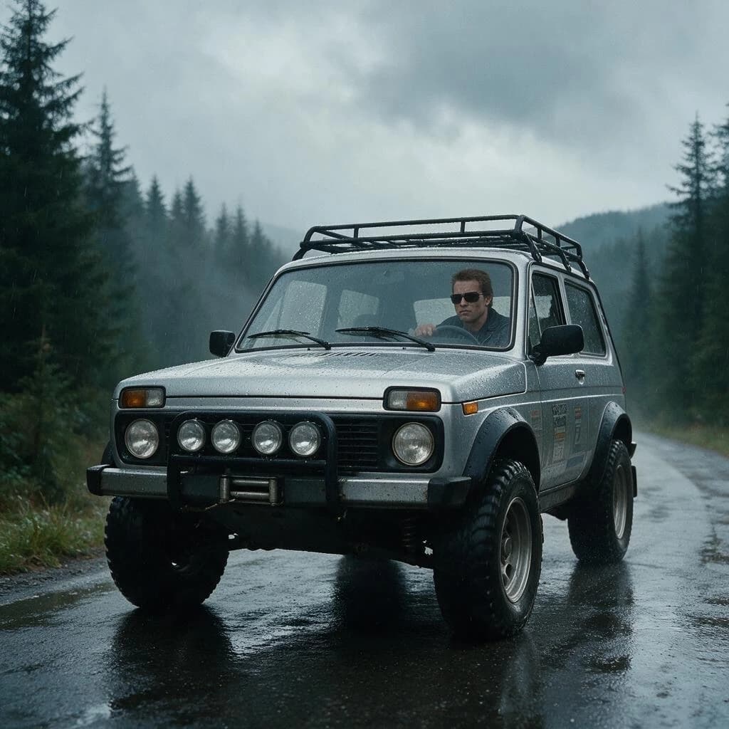 Terminator is driving a Niva with a rally body kit with a face from a reference photo, humid atmosphere, cinematic composition, photorealistic, movie still style, 1980s film grain, epic wide shot,ultra detailed,realistic,