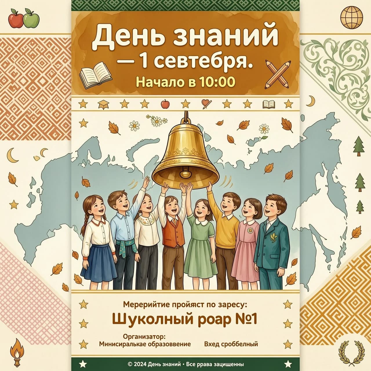 Яркая праздничная афиша ко Дню знаний. В центре — группа детей разных национальностей в школьной форме, они вместе держат большой золотой школьный звонок. На фоне — лёгкие силуэты карты России и тонкие орнаменты народов России. Сверху надпись крупным читаемым шрифтом: «День знаний — 1 сентября. Начало в 10:00». Стиль: иллюстрация в тёплых осенних тонах, акварельные текстуры, мягкие тени, без мелких деталей, высокая читаемость текста. Формат: вертикальный плакат. написать слова правильно