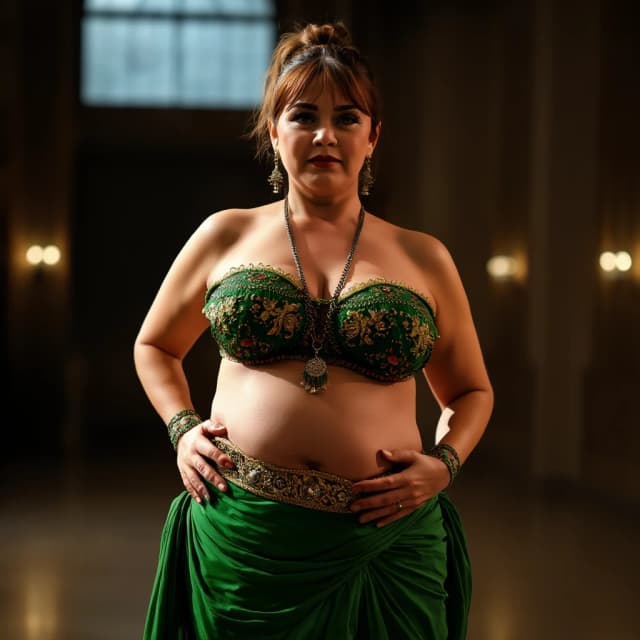 front view chubby belly dancer fifty years woman in green costume brown short ponytail hair stand in hall