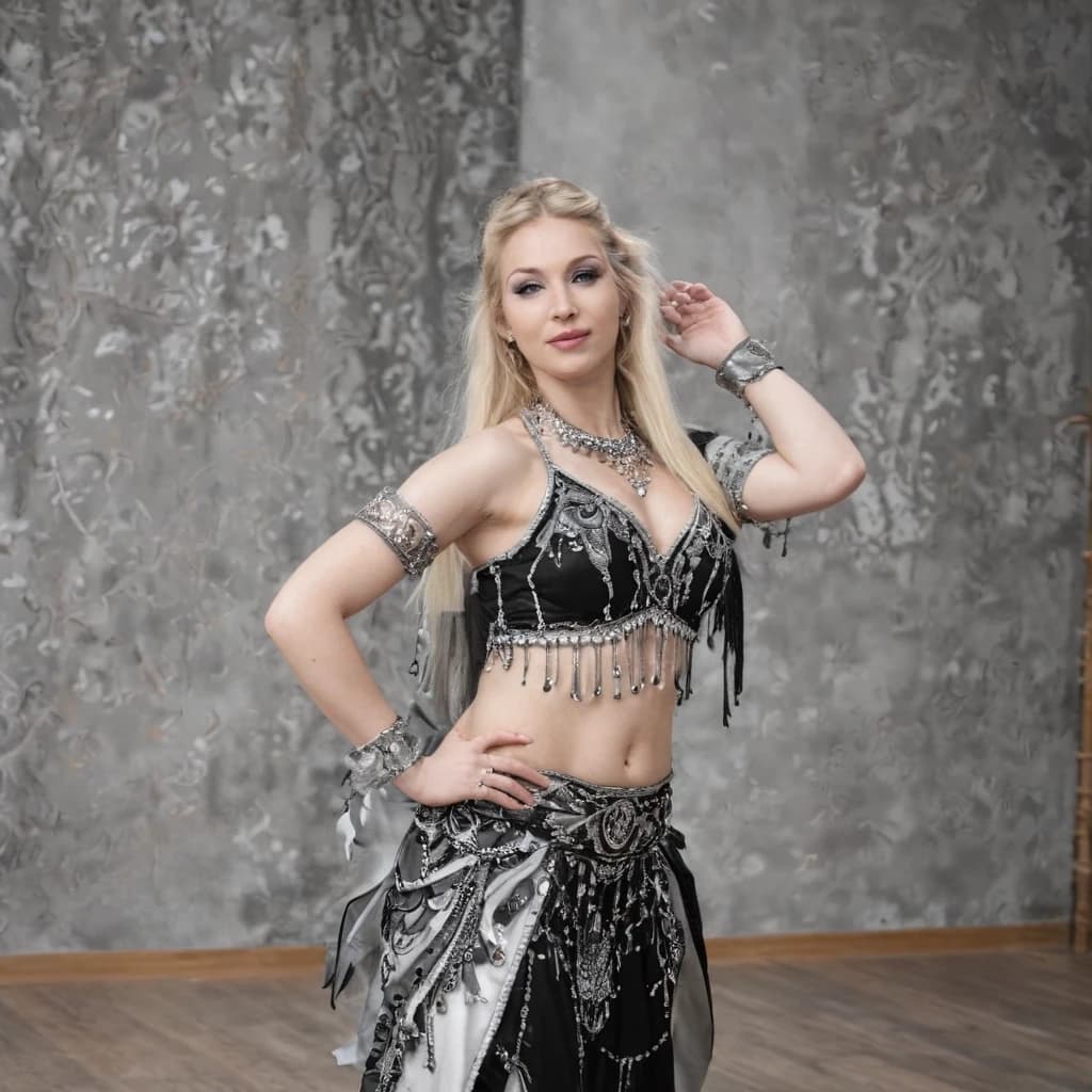 front view chubby belly dancer thirty years woman in black and grey and white costume blonde long ponytail hair stand in hall