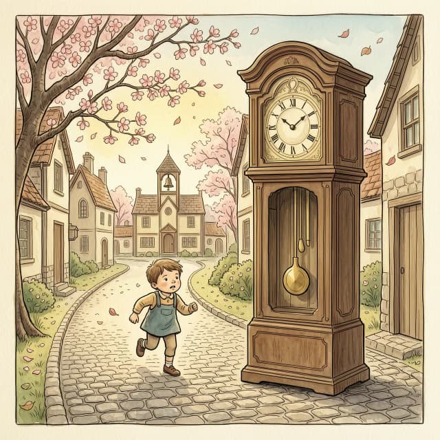 A whimsical, highly detailed storybook illustration in the style of classic watercolor and ink, capturing a nostalgic and slightly surreal atmosphere. A small, earnest child with a determined expression is running through a charming, cobblestone village street towards a quaint, old-fashioned schoolhouse in the distance. In the foreground, a large, oversized vintage grandfather clock stands surrealistically in the middle of the path, its golden pendulum swinging rhythmically, emphasizing the theme of time. Soft, warm morning sunlight filters through blooming cherry blossom trees, casting long, gentle shadows and creating a dreamy, golden-hour glow. The composition uses a dynamic leading line, following the child's movement towards the school. Intricate details include fluttering autumn leaves, a distant school bell hanging from a wooden tower, and a soft, painterly texture reminiscent of Beatrix Potter or Studio Ghibli concept art. The mood is urgent yet magical, evoking a sense of childhood discipline and wonder.