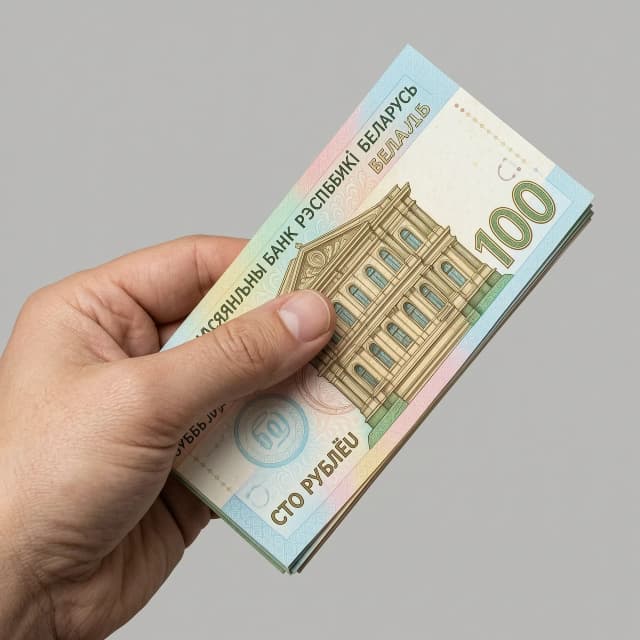 Рука держащая стопку белорусских рублей 100. Рука выходит из левого края изображения. Стиль изображения реализм фото. Разрешение 8к. банкнота \"100\" белорусского рубля, сложный графический дизайн, орнаменты, архитектурные элементы зданий в стиле ренессанс или барокко, текст \"НАЦЫЯНАЛЬНЫ БАНК РЭСПУБЛІКІ БЕЛАРУСЬ\", \"СТО РУБЛЁЎ\", детальная гравюра, текстура бумаги с водяными знаками и микропечатью, пастельные тона, голубой, розовый, золотистый и зеленый цвета, четкие линии, высокая детализация, студийное освещение, нейтральный фон.
