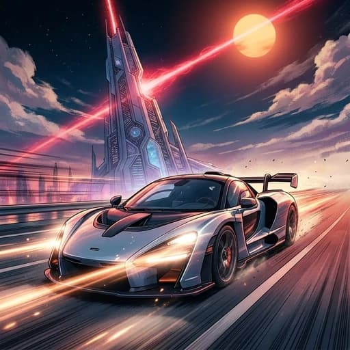 McLaren Senna, едет по дороге, эпичный ракурс, эффект скорости, горящие фары, на фоне космической  очень высокого здания  , из здания направлен крысный луч в сторону солнца стиле аниме с реалистичными деталями, шедевр