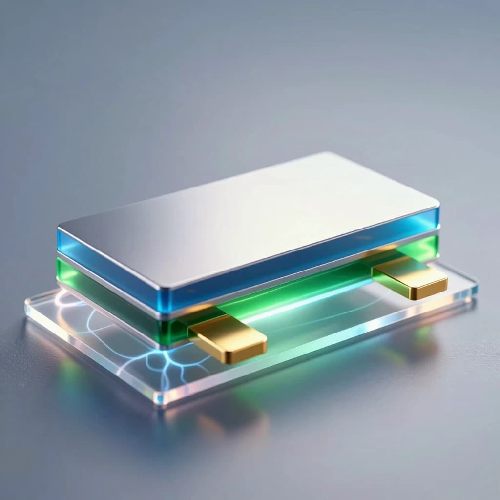 A hyper‑realistic scientific 3D illustration of a single organic field‑effect transistor of the following structure (thin layers from bottom to top): a flexible transparent polymer substrate, on top of it - a continuous metallic colored aluminum gate layer with a translucent blue layer of aluminum oxide dielectric on the top, a thin green single‑crystal organic semiconductor, on top of it - two flat gold contacts for the source (on the left) and the drain (on the right), with a distance between them that is 10 times greater than the thickness of the semiconductor layer. The device emits a slight internal glow, indicating the flow of current through the channel. Macro photography, extreme close‑up, shallow depth of field with focus on the active layers. Cold, directional studio lighting from above combined with soft backlighting from below through a substrate to accentuate the gate‑dielectric interface. Reflections with ray tracing, caustics, and electric field aura effects around the contacts. A clean, high‑tech atmosphere, a sterile environment, no contact pads. 8K resolution, complex microscopic details, photorealistic textures.