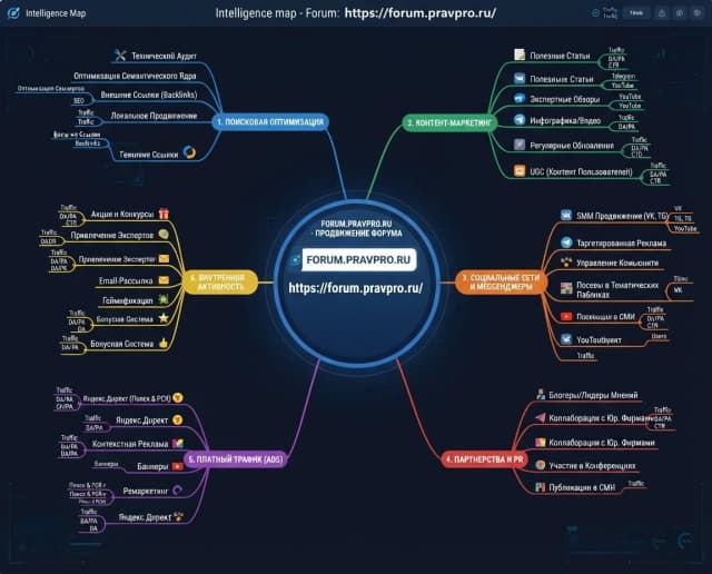 План продвижения форума https://forum.pravpro.ru/

а именно нужно с помощью интелект карты рассписать какие источники мы используем