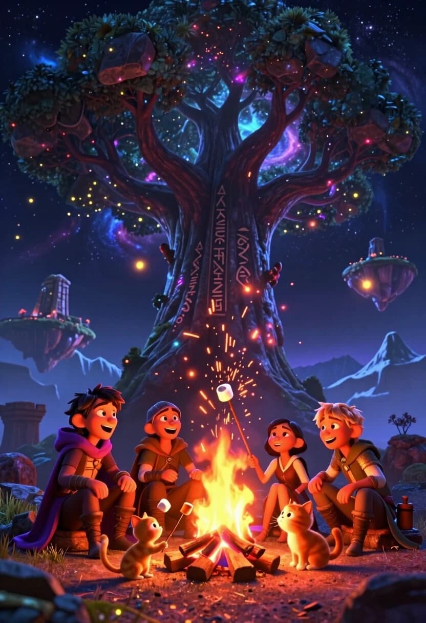 Cinematic 3D animation, Pixar style, 8K, Octane render. Low-angle shot from the ground, looking up at a colossal cosmic tree that fills the sky. The tree’s trunk is made of interwoven stone and glowing energy, with ancient runes carved into it that pulse with light.

In the foreground, a small campfire crackles merrily. Around it sit a young wizard, a warrior, and a bard — they’re laughing, sharing stories, and roasting marshmallows. The firelight is the only source of warmth in the cold cosmic night: it paints their faces in warm orange tones while the rest of the scene is deep blue and shadowy.

A tiny orange tabby kitten is trying to “help” the wizard by batting at the fire with a stick. Sparks fly up in a dramatic arc, and one spark is so big it looks like it’s about to ignite a nearby galaxy — the characters are frozen in a mix of horror and laughter, realizing the kitten might accidentally start a cosmic fire.

Background: a vast starry sky with swirling nebulae, floating islands with ancient ruins, and distant snow-capped mountains fading into the horizon. Fireflies drift lazily between the trees, their light soft and warm.

Color palette: deep space blues and purples contrasted with warm oranges, yellows, and reds. The fire is bright and intense, but its light fades quickly, creating deep shadows beyond the immediate circle.

Technical: volumetric fire with realistic sparks and embers. Strong chiaroscuro with hard shadows and bright rim light. Subsurface scattering on the characters’ skin to make it look alive. Motion blur on the flying sparks. Sharp focus on the characters and kitten, soft bokeh on the background. Heavy atmospheric haze to separate the planes.
