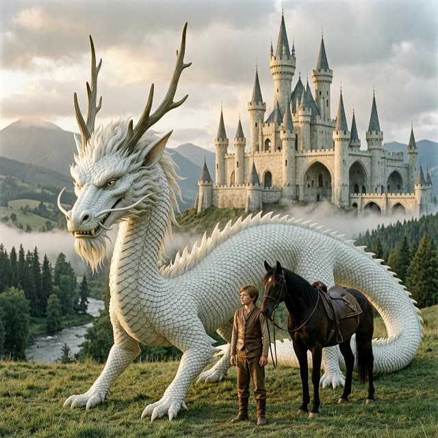 A highly realistic cinematic scene from a classic old-school fantasy film, with the visual atmosphere of 1980s–1990s epic fantasy cinema.

A gigantic ancient white dragon stands beside a young boy, making the boy appear very small in comparison. The dragon is exceptionally large, long and serpentine, with an elongated body inspired by traditional Chinese dragons, while still retaining believable anatomy and realistic proportions. Its enormous body curves through the landscape like a living white serpent. It has long elegant horns resembling antlers, flowing whiskers, a mane of fine white hair around its head and neck, a long narrow face, intelligent ancient eyes, and countless finely detailed ivory-white scales. Its wings are large but elegant, blending naturally with its serpentine anatomy. The dragon should feel ancient, majestic, powerful and almost mythical rather than monstrous.

The boy is around 10–12 years old, dressed simply in worn brown leather trousers and a rustic leather vest. He stands calmly beside the dragon, holding the reins of a strong dark horse. He looks small and vulnerable next to the enormous creature, but his expression shows trust and familiarity with the dragon. There are NO adult men and NO other human characters in the scene.

In the distant background stands a magnificent castle built from pale ivory-colored stone. The castle is enormous and majestic, yet unusually light and ethereal, with incredibly tall slender towers, elegant spires, soaring arches, delicate bridges and intricate medieval architecture. Its highest towers disappear into low clouds and morning mist.

The surrounding landscape is vast and cinematic: ancient forests, green hills, distant mountains, rivers and drifting mist. Soft golden sunlight breaks through heavy clouds, illuminating the dragon's enormous elongated body and the boy standing beside it.

Photorealistic practical-effects aesthetic, realistic medieval costumes, believable natural materials, highly detailed dragon anatomy and scales, realistic skin and hair, natural cinematic lighting, subtle film grain, anamorphic cinematography, atmospheric haze, muted earthy colors, dramatic sense of scale, grounded medieval realism, epic composition, timeless old fantasy movie atmosphere, as if this were a frame from a forgotten classic fantasy film.

No modern elements, no modern clothing, no additional people, no cartoon style, no anime, no overly decorative fantasy armor, no cute dragon, no exaggerated digital-art appearance.