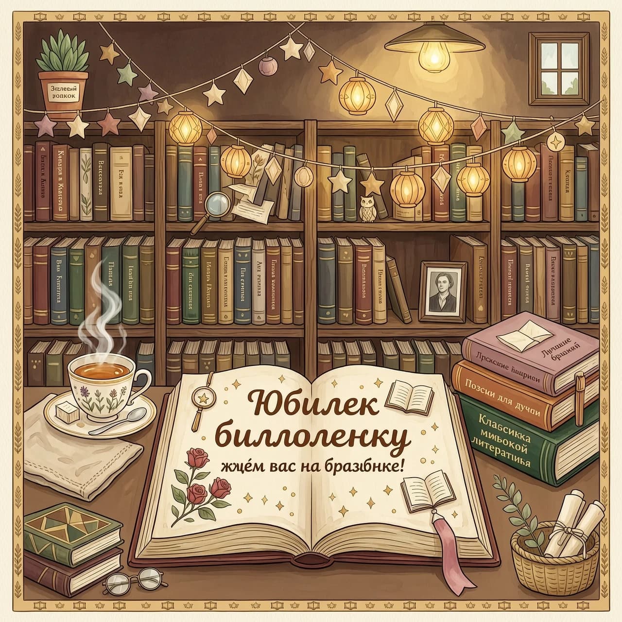 «Создай дизайн приглашения в стиле уютного книжного кафе: на фоне — полки с книгами, между ними висят бумажные гирлянды. В центре — большая раскрытая книга, на страницах которой праздничная надпись: „Юбилей библиотеки — ждём вас на празднике!“. Рядом — чашка горячего чая и стопка книг. Атмосфера — тёплая, ламповая, приглушённые коричнево-бежевые оттенки. Стиль — иллюстрация в технике гуаши, лёгкая текстура бумаги, мягкий свет, 4k».