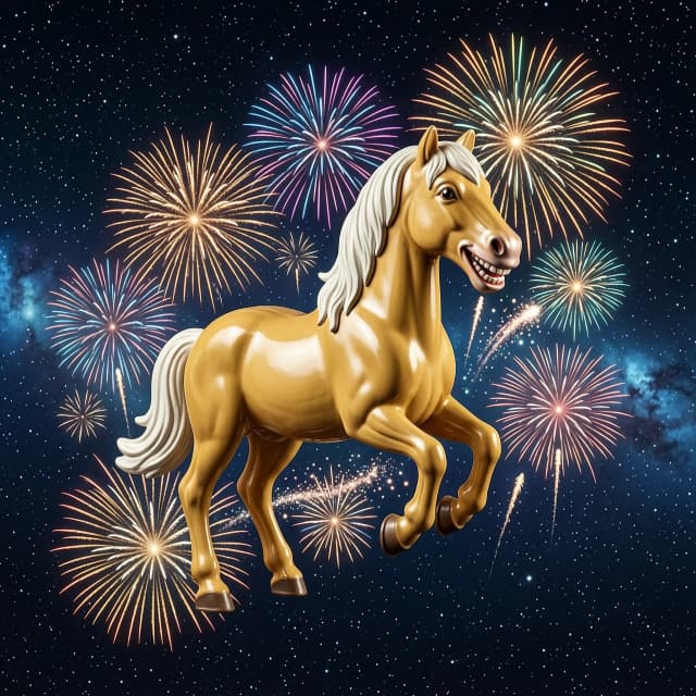 { "action": "dalle.text2im", "action_input": "{ "prompt": "A surreal and humorous digital art piece featuring a vintage Russian-style pedal toy horse ('Kon Pedalyuy') floating in the dark vacuum of outer space. The horse is a beautiful palomino color (golden body with a flowing white mane and tail). The horse has a large, joyful, beaming smile with visible teeth. Vibrant, colorful firework stars and sparkling trails explode all around the horse. The background shows a deep space void with faint nebulae. High resolution, whimsical and cinematic style." }", "thought": "I will generate an image based on the user's specific request for a 'pedal horse' in space, palomino color, smiling, with fireworks." }
