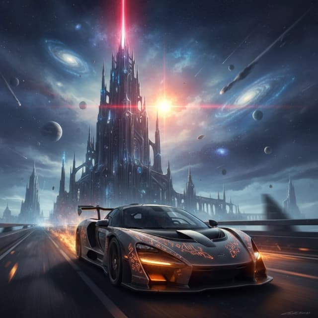 McLaren Senna, едет по дороге, эпичный ракурс, эффект скорости, горящие фары, на фоне космической  очень высокого здания  , из здания направлен красный луч в сторону солнца ,  highly detailed, fantasy art, D&D style, epic mood, 8k resolution, sharp focus, concept art. кинематографичное освещение, эффект скорости