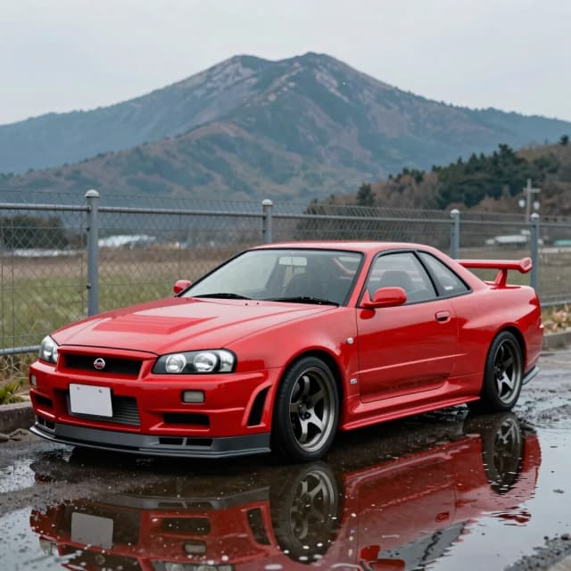 arafed car parked in front of a fence with a mountain in the background, extremely detailed water texture, in a modified nissan skyline r34, ironic surrealism, inspired by Gusukuma Seihō, twitter pfp, 2 0 1 9, half submerged, 2 0 5 6 x 2 0 5 6, version 3, april, 2019 trending photo
