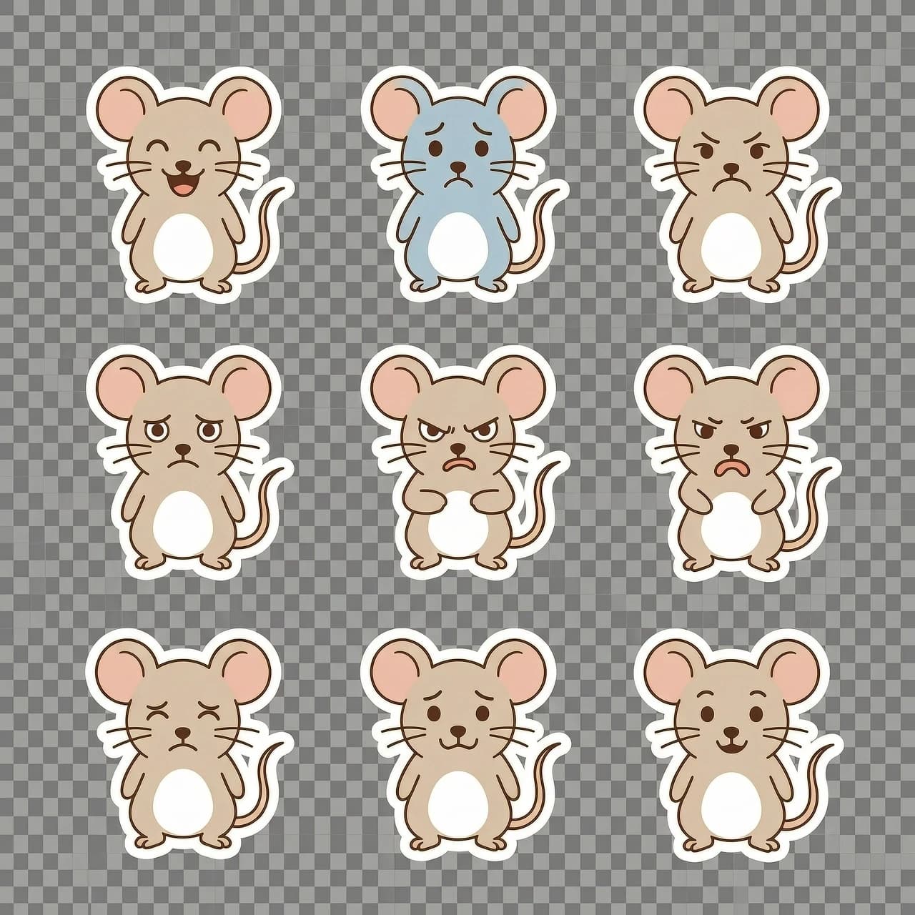 Generate a cute 2D rat with a white outline.
A set of 10 minimalist vector stickers on a transparent background featuring various emotions:
joy
sadness
anger
falling in love
despondency
aggression
sarcasm
sorrow
despair
friendliness
At the same time, remove the names of the emotions from the pictures.