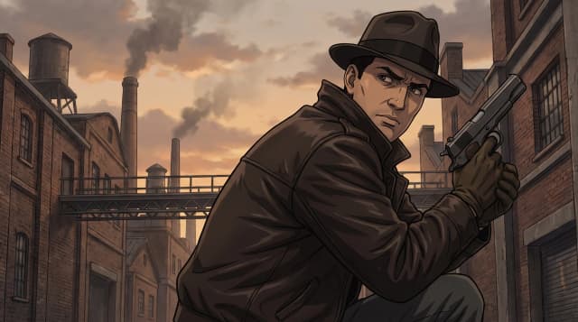 Mafia (игра), Вито Скалетта, подозрительный взгляд, кожаная куртка, держит пистолет, боевая стойка, на фоне завода, стиль аниме с реалистичными деталями