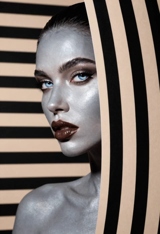 Create an image of a woman partially hidden by a series of vertical black and beige striped patterns. The woman is strikingly beautiful. The shade of a woman's skin is a smooth, cool shade of light gray, which gives her a metallic look. It has striking features: high cheekbones, a pointed nose and full lips covered with a shiny, deep brown tint. Her eyes are captivating icy blue, surrounded by dark eyelashes and arched eyebrows, which accentuate her intense gaze. The striped patterns create visual distortions, seamlessly merging into her contours, while revealing only parts of her features, strengthening the sense of depth and intrigue. The background consists of alternating black and beige stripes that continue the pattern, creating a strikingly modern and artistic composition. The light source casts subtle shadows, adding dimension to her profile, while emphasising the shiny finish of her lips and the smooth texture of her skin. The general tone is avant-garde, combining beauty with abstract art, emphasising the contrast between what is organic and what is geometric.