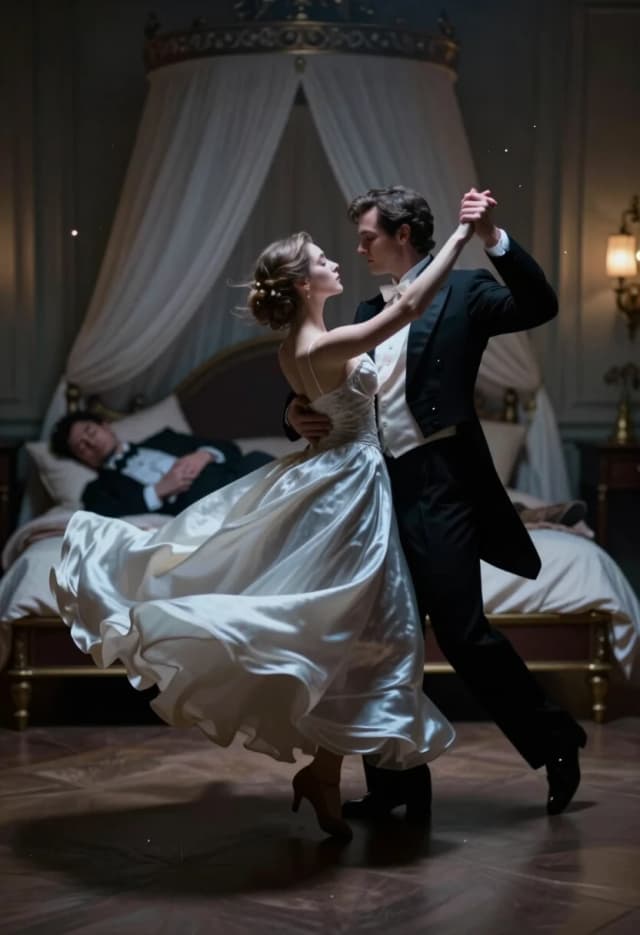 A surreal, hyper-realistic cinematic shot in a dimly lit, opulent bedroom at midnight. In the center of the room, an empty, ghostly ballgown and a black formal tailcoat are waltzing together, floating in mid-air, swirling in a graceful dance. The fabrics are captured in dynamic motion: the gown's skirt is billowing and flowing, while the tailcoat flares out, maintaining the shape of an invisible couple. In the far background, out of focus and blurred, a man and a woman are seen fast asleep in a large canopy bed, exhausted after the ball. The room is filled with a soft, moonlight glow and floating dust particles. 8k resolution, shot on 35mm lens with a shallow depth of field, extreme detail on the textures of velvet and satin, moody and ethereal atmosphere, magical realism, high contrast between the sharp dancing clothes and the blurred sleeping figures.