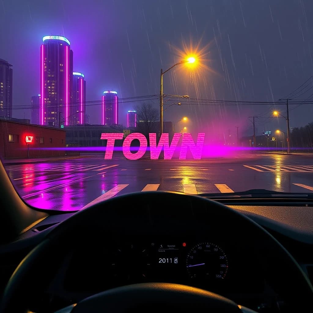 Album cover for a phonk track titled "Town", 1024x1024 pixels. Cinematic view of a menacing Eastern European or American industrial city skyline at 3 AM under heavy rain. The scene is viewed from the dashboard of a blacked-out muscle car with the steering wheel visible in the bottom foreground. Intense purple and cyan neon lights from distant skyscrapers reflect off the wet asphalt, creating long lens flare. A single old-fashioned streetlamp casts harsh pools of warm yellow light on the empty intersection. Thick mist rises from the sewers. In the center of the composition, integrated into the environment like a hologram or spray-painted ghost on a brick wall, is the title "TOWN" in distorted retro cyberpunk font. Gritty lo-fi texture, heavy film grain, VHS scanlines, chromatic aberration, high contrast cinematic lighting, cold shadows — ar 1:1 — style raw