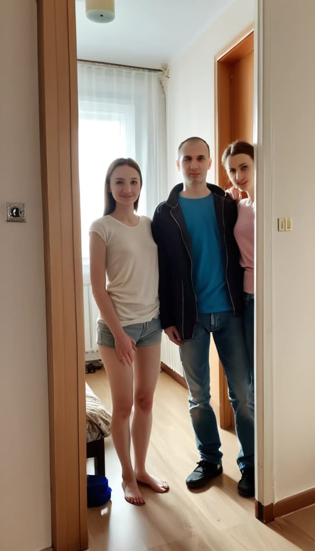 A vertical shot taken with a mobile phone camera: two friends are standing by the door in an ordinary Moscow apartment. Both of them are considered tall, and that’s the whole point — a tall woman with someone much taller.

On the left is Oksana, 32 years old, 190 cm tall: a relaxed pose, a slight smile, as if she’s capturing the moment for memory. She’s wearing a light top, a denim skirt, and open‑toed shoes; she has a handbag in her hand and glasses on her nose. Her gaze is directed at the camera, and her expression conveys a hint of surprised admiration. she is aware of the contrast and feels her growth in a new way for the first time.

On the right is Irina, 225 cm: . She's wearing a light blouse, leggings, flip-flops. Her gigantic height is immediately striking: she almost rests her head on the top edge of the frame, she is much taller than the door, and her shoulders occupy a significant part of the space.

The interior is typical for a Moscow apartment: a closet next to the door, a carpet with a discreet pattern on the floor; . Lighting — daylight from the window: ,

The main thing is to clearly show the difference in height: Irina is 35 cm taller than Oksana, and this isn’t a special effect — emphasize the difference in their heights.
