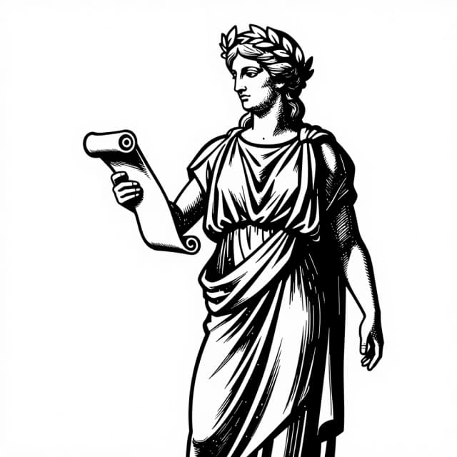 A black-and-white illustration, slightly from the side. The ancient Greek goddess Calliope, the patroness of epic poetry. In her hands — a single scroll, which reads as a simple cylindrical shape without fine patterns. The pose is calm and static, without complex drapery. Her hair is thick and gathered; she wears a laurel wreath on her head. The lighting is harsh, from the side: strong contrasts, clear shadows, minimal midtones. The style is a linear drawing with pronounced hatching, like an engraving or a linocut. Close‑up, full‑length figure. Focus on the silhouette and main volumes, without small details.
