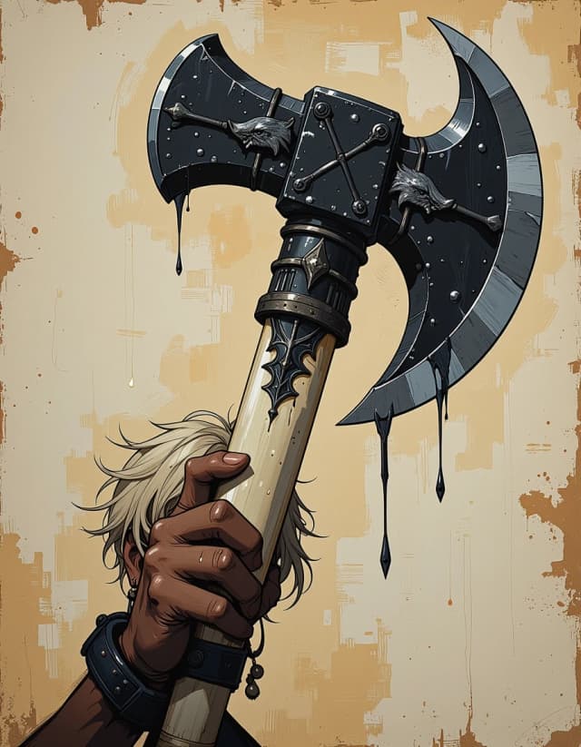 A masterpiece,  in the style of the 1980s, with bold lines, dynamic strokes and rich textures, on background with a touch of nostalgia, perhaps with subtle drawings inspired by cellulose and vintage, worn textures similar to paper, oil painting, The Ashen Axe a magical battle axe that is pure flat black metal with an ivory grip that has wild boars carved into it. dungeons and dragons wayen reynolds and todd lockwood aesthetic. celshading, simple background