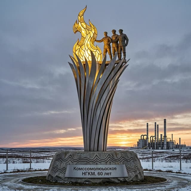 Монумент-факел высотой 10 метров, стилизованный под газовый факел, но сложенный из динамичных металлических лепестков-перьев, центральная стела из нержавеющей стали, на вершине скульптурная группа: три фигуры геологов и строителей в советской стилистике, тянущих руки к пламени, вместо живого огня — золотая стеклянная инкрустация с внутренней подсветкой. В основании — грубый камень с барельефами сейсмических волн и надписью "Комсомольское НГКМ. 60 лет". Фон: суровый северный закат, тундра, газоперерабатывающий завод вдали. Стиль: монументальный соцреализм, смешанный с параметрической архитектурой, бетон, сталь, золото, детализированная текстура металла. --ar 16:9 --style raw --v 6.0
