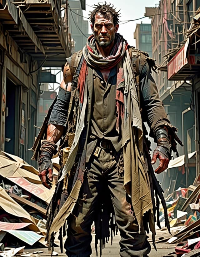 A towering, broad-shouldered man with a large, heavy-set frame, a post-apocalyptic trader with an imposing stature, wide solid build, his entire body completely encased in multiple chaotic layers of tattered rags, frayed fabric, shredded cloaks, tangled scarves, scavenged patchwork garments, and overlapping leather strips — absolutely no skin visible anywhere on his body, from neck to feet, every inch covered in worn, torn textiles, his face hidden behind a sinister respirator gas mask with multiple corrugated tubes, but instead of a hat, a gigantic, heavy metal disc rests flat on his head like a wide brim, looking like a salvaged industrial saw blade or shield, black and white ink illustration, highly detailed cross-hatching and stippling, gritty texture, extreme high contrast, cinematic dramatic lighting with deep shadows, imposing silhouette, raw post-apocalyptic vibe, sharp focus, masterpiece